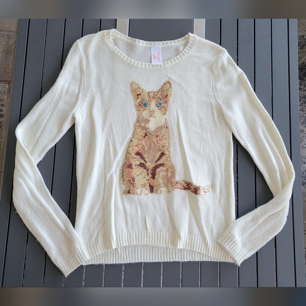 Soft Cream Sequin Cat Design Sweater Girls Size Large 10/12